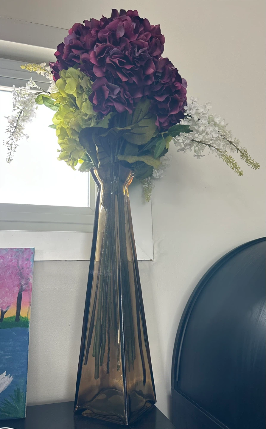 Artificial Hydrangea and Lilac Flower Arrangement with Vase