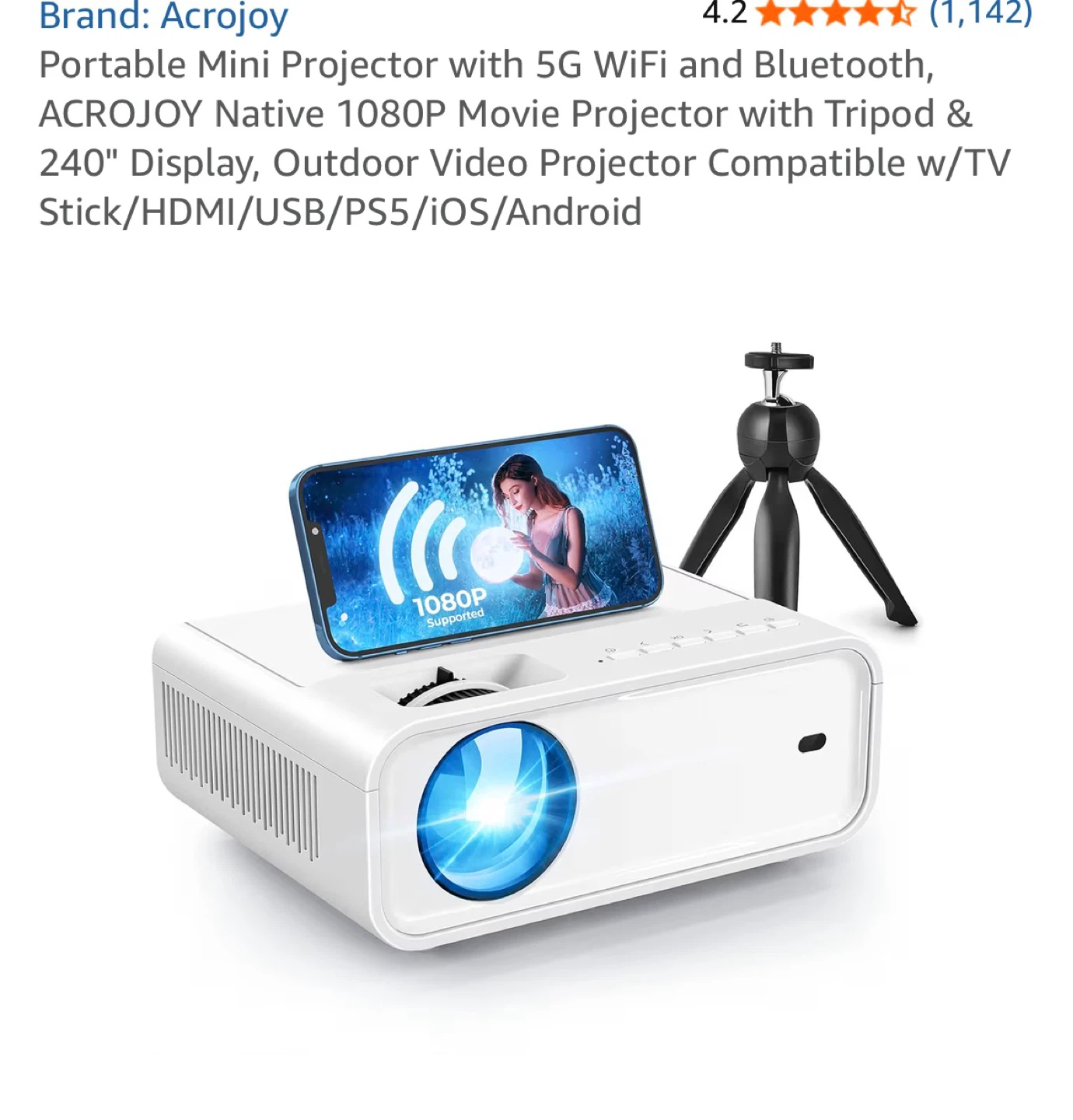 Acrojoy Portable Mini 1080P Projector with Tripod