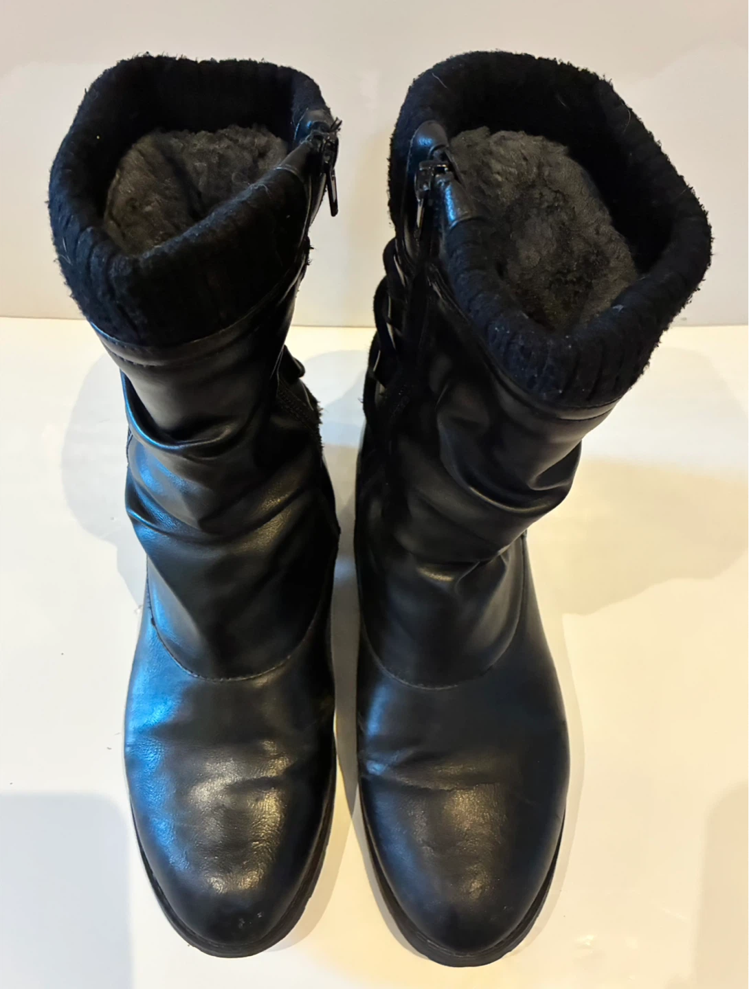 Black Faux Leather Boots with Knit Cuff