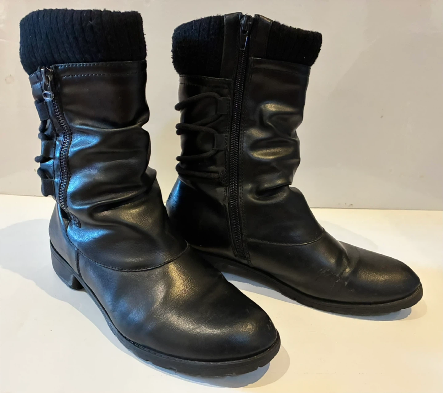 Black Faux Leather Boots with Knit Cuff - photo 2
