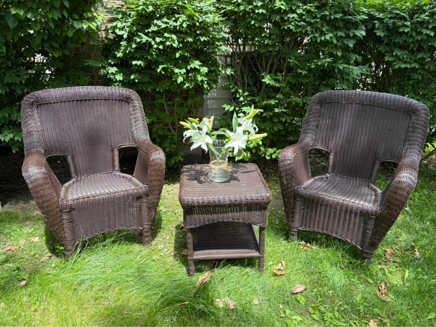 Brown Wicker Armchairs and table