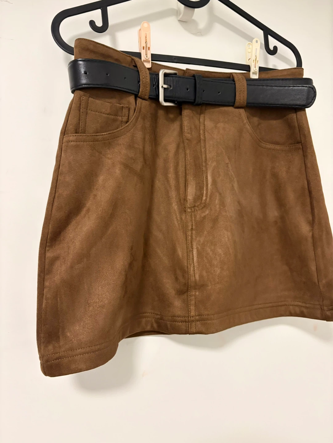 Brown Faux Suede Mini Skirt with Belt