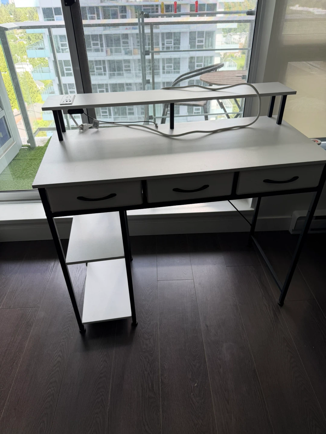White Desk with Power Outlets and Shelving