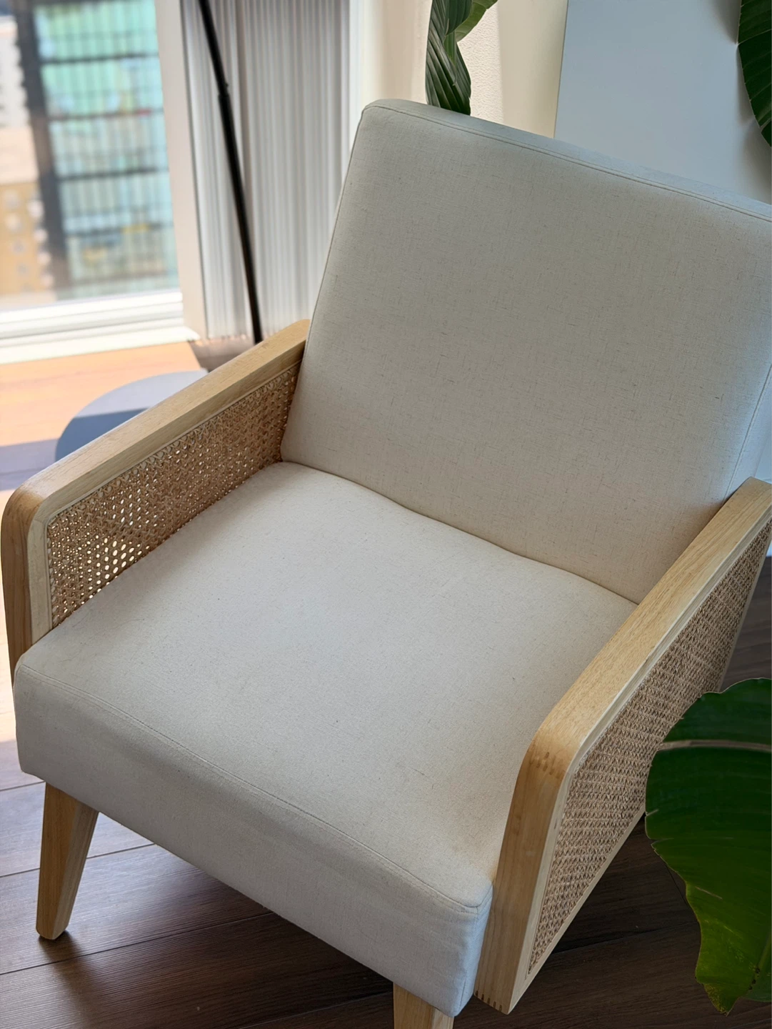 Cream Accent Armchair - Natural Wood Rattan & White Fabric - photo 4