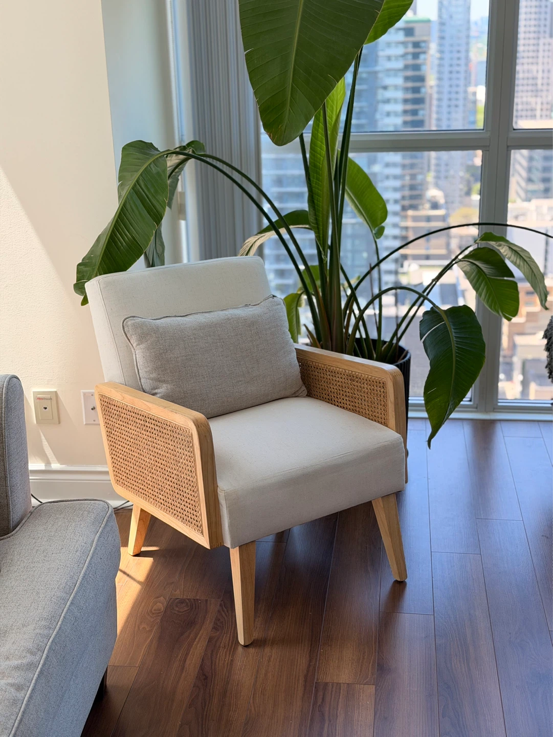 Cream Accent Armchair - Natural Wood Rattan & White Fabric