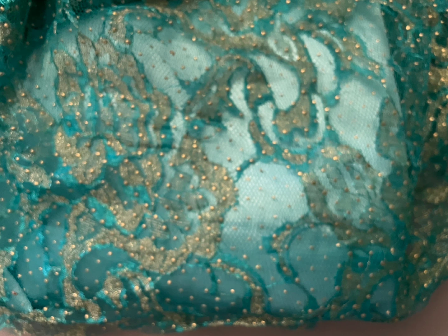 Teal Lace Fabric with Gold Embellishments - photo 2