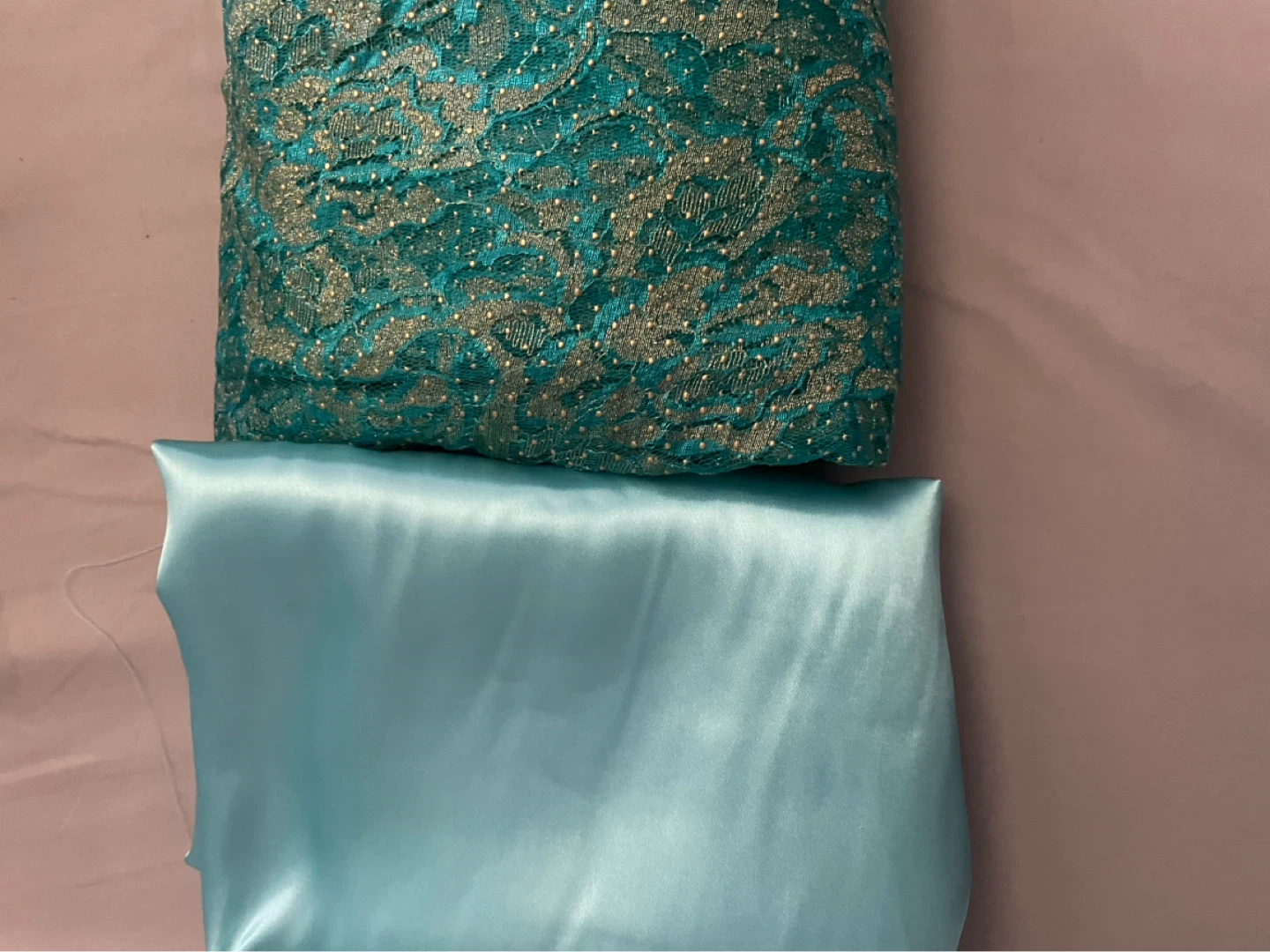Teal Lace Fabric with Gold Embellishments