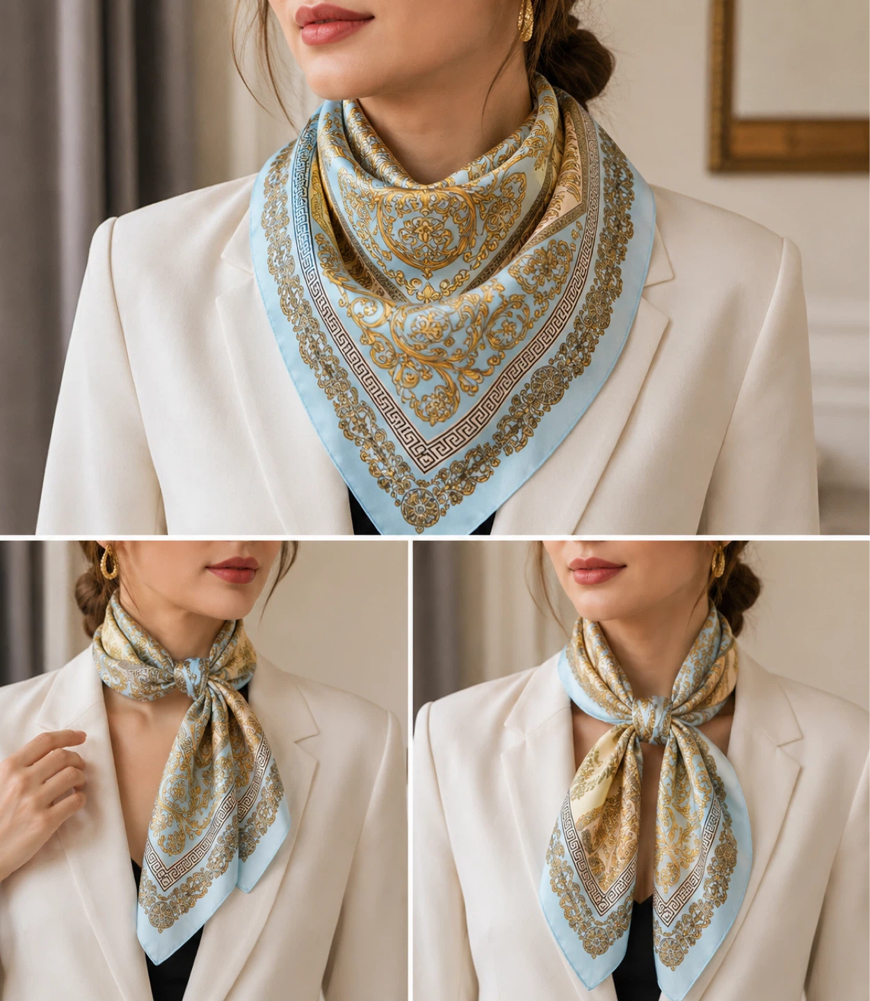 Blue and Gold Patterned Silk Scarf