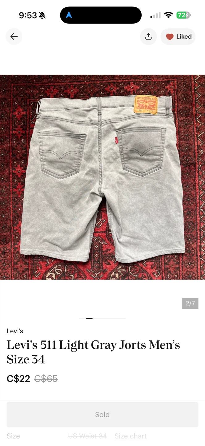 Levi's 511 Light Gray Jorts Men's Size 34