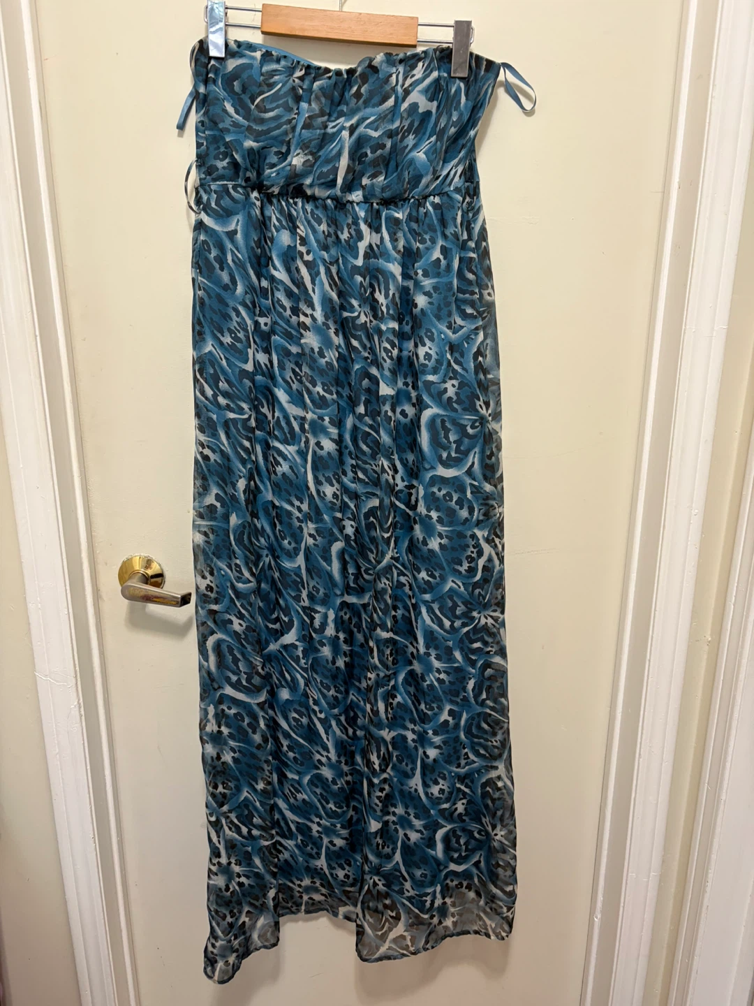 Blue Floral Print Strapless Maxi Dress - Size Small