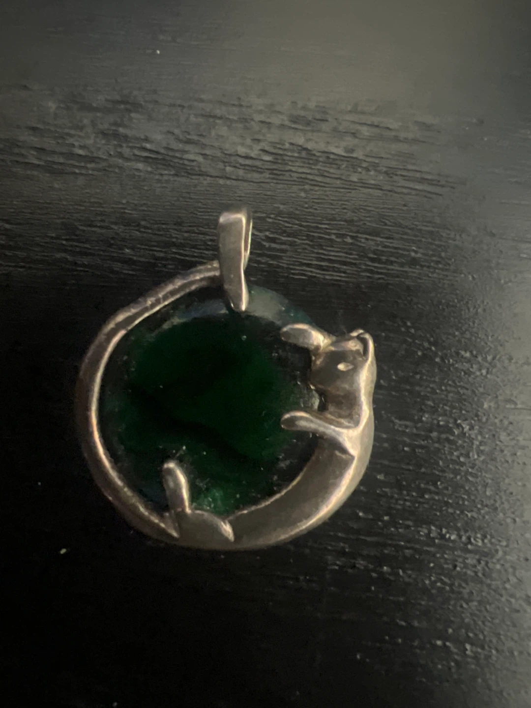 Sterling Silver Cat Pendant with Green Stone