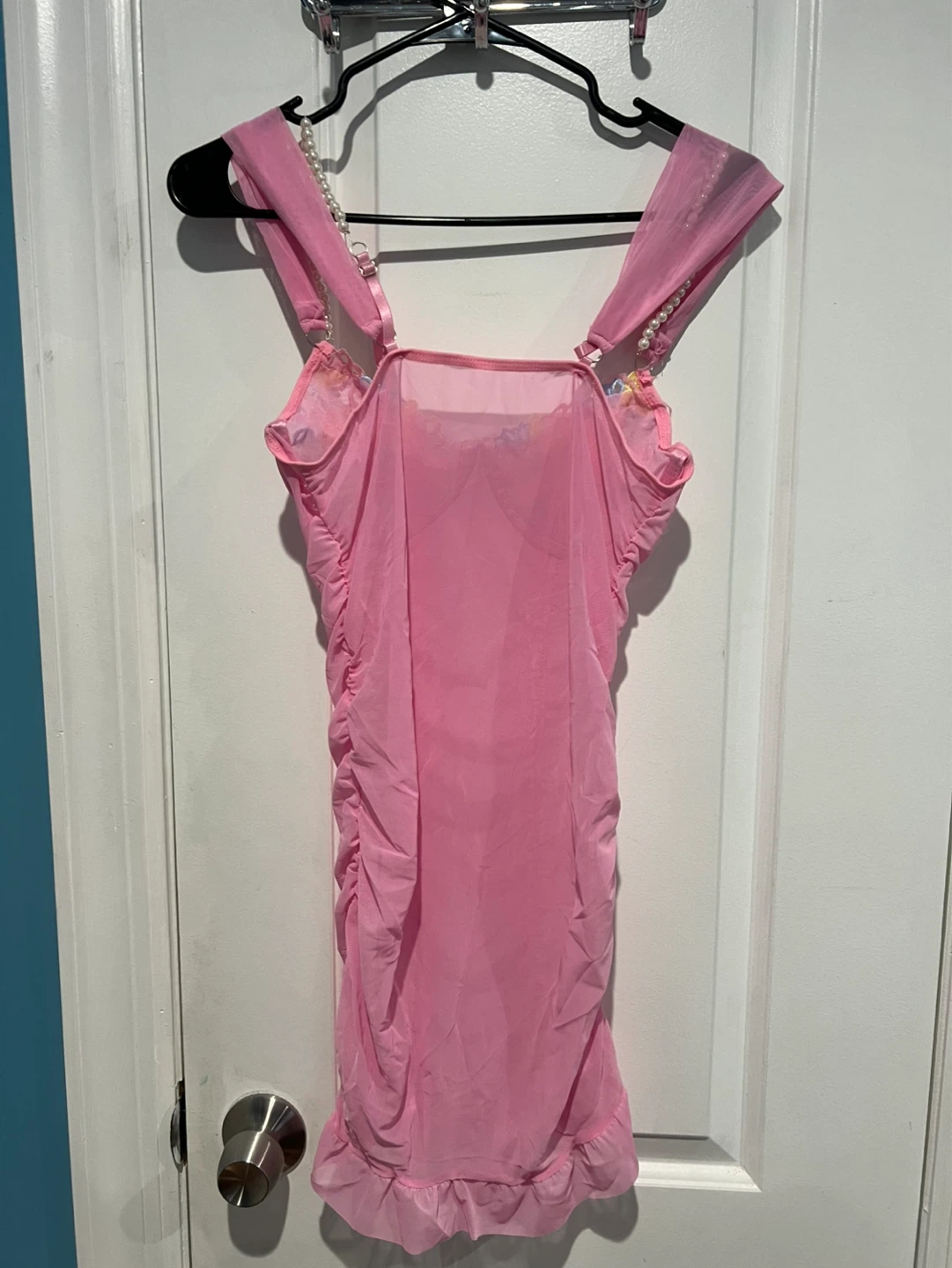 Pink Ruched Mesh Babydoll with Floral Embroidery - photo 2