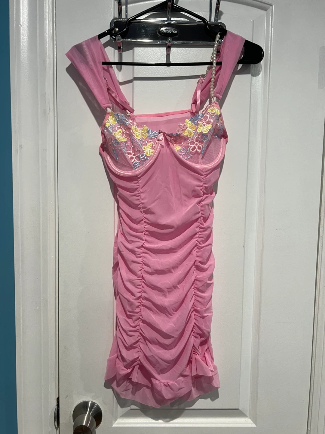 Pink Ruched Mesh Babydoll with Floral Embroidery