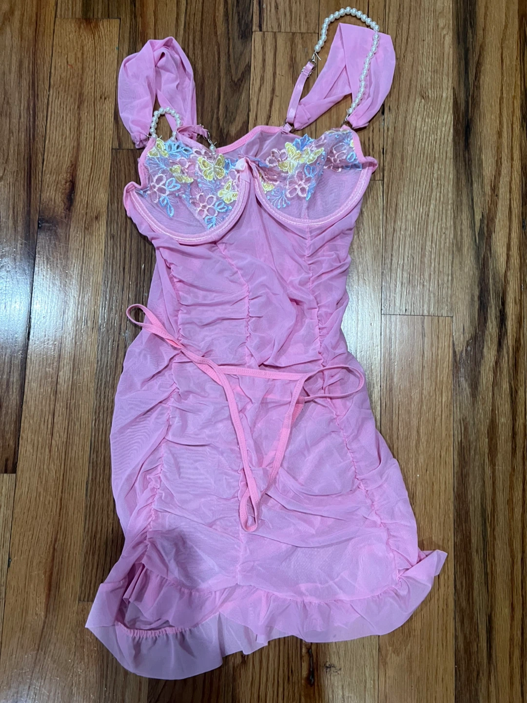 Pink Ruched Mesh Babydoll with Floral Embroidery - photo 3