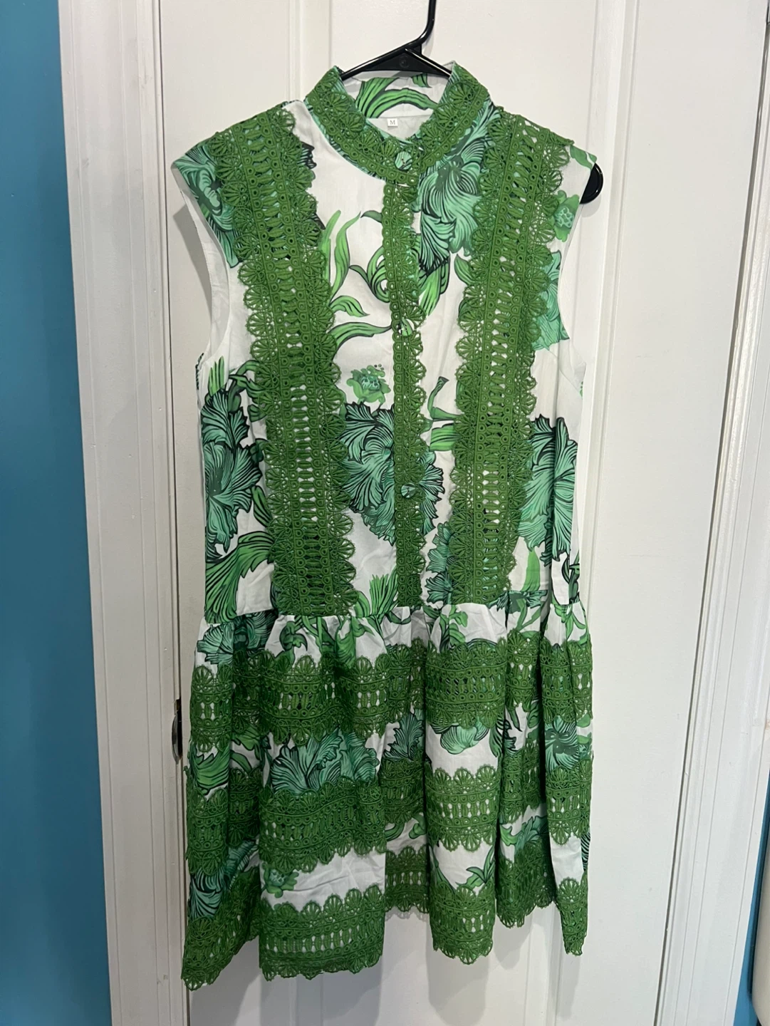 Women's Green Floral Print Dress with Lace Trim