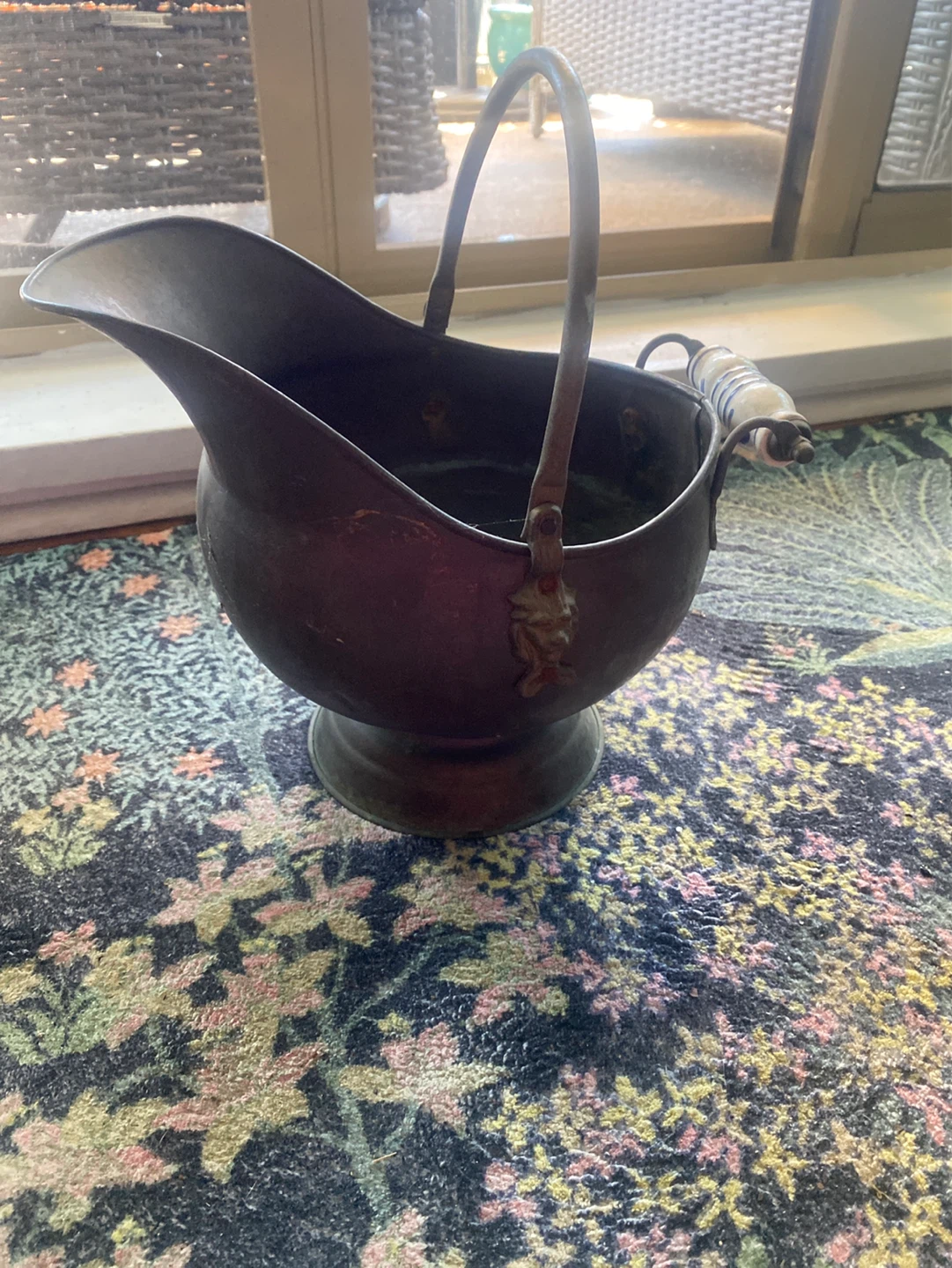 Antique Coal Scuttle with Ceramic Handle