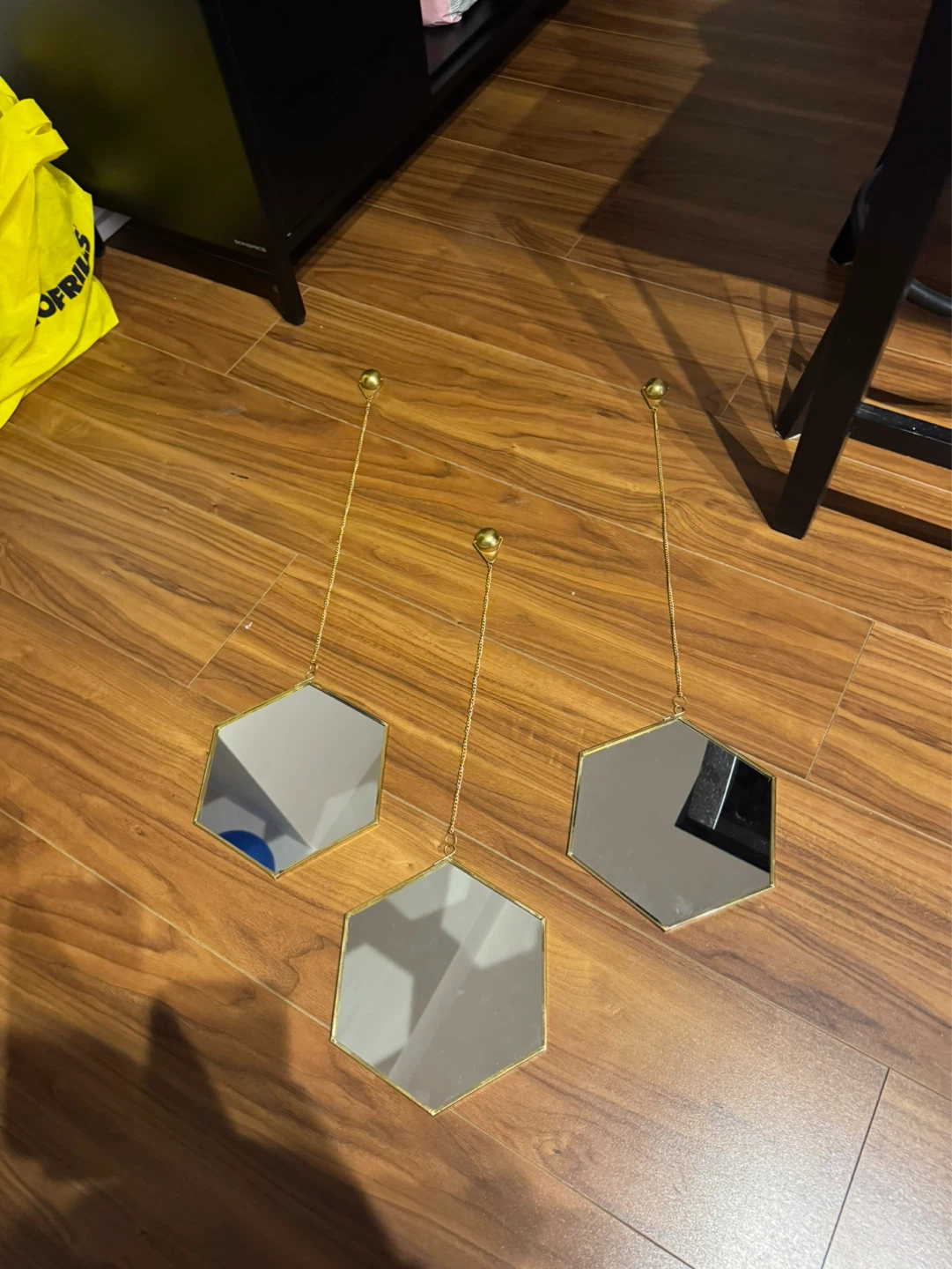 Set of 3 Hexagon Wall Mirrors with Gold Trim and Hanging Chain
