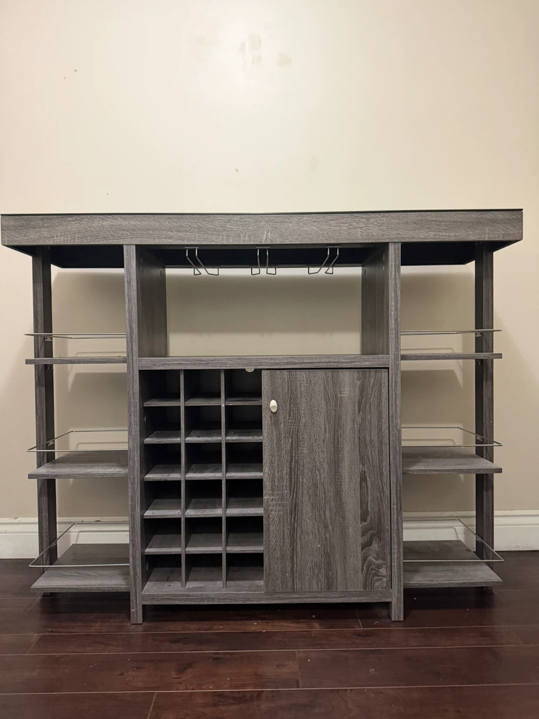 Grey Wood Bar Cabinet with Wine Rack and Glass Holders