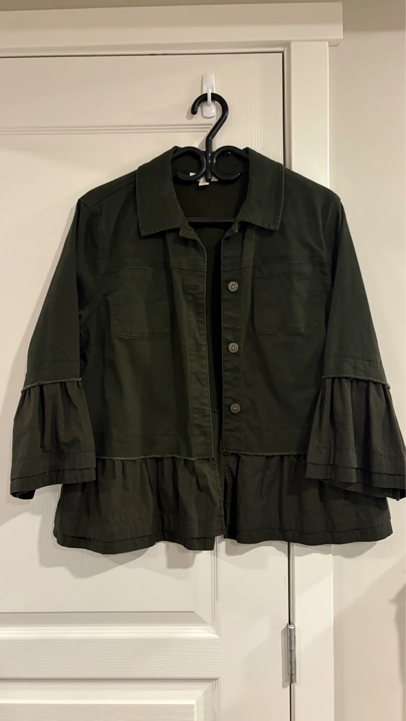 Olive Green Jacket with Ruffle Detail - Size L