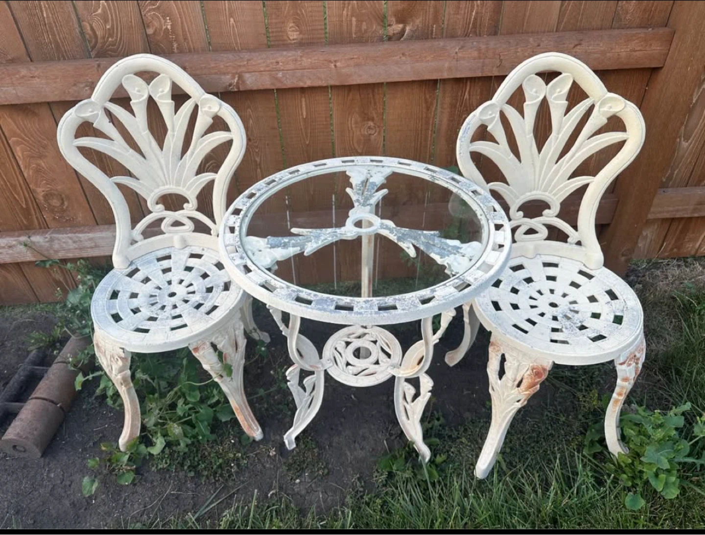 White Cast Iron Bistro Set with Glass Table