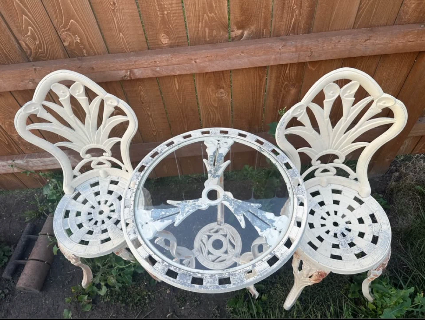 White Cast Iron Bistro Set with Glass Table - photo 2
