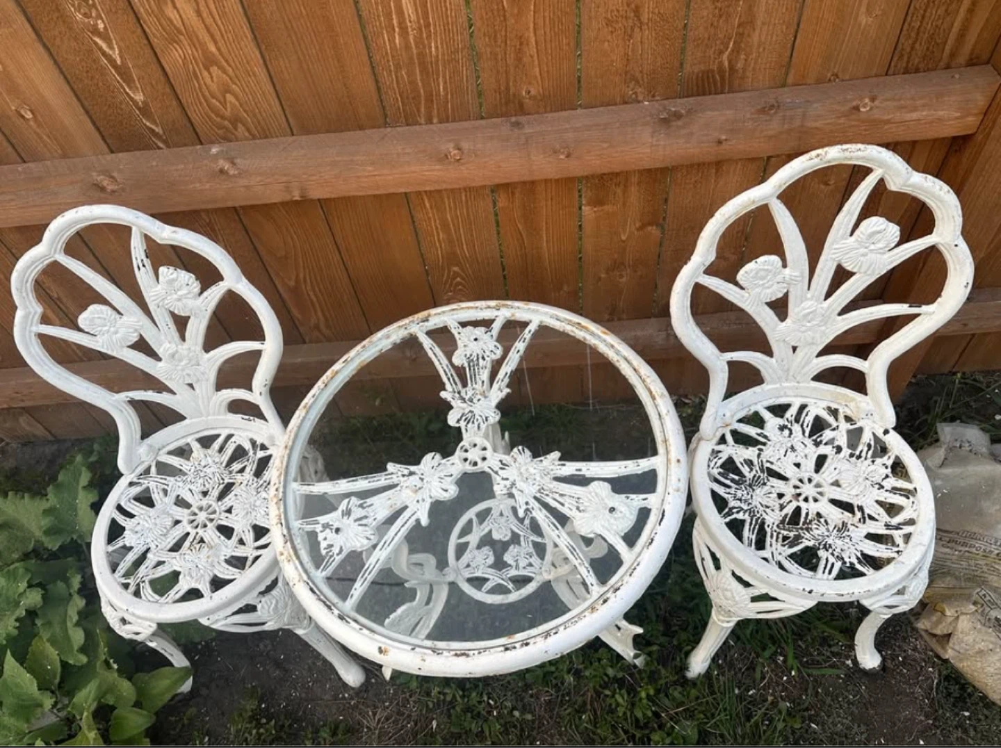 White Cast Iron Bistro Set with Glass Tabletop