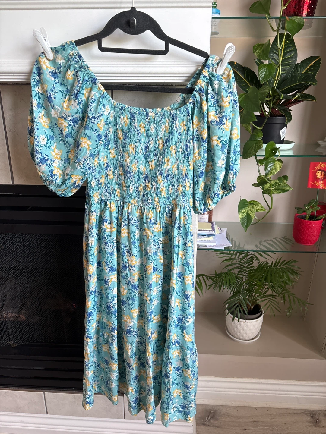 Blue Floral Puff Sleeve Smocked Maxi Dress