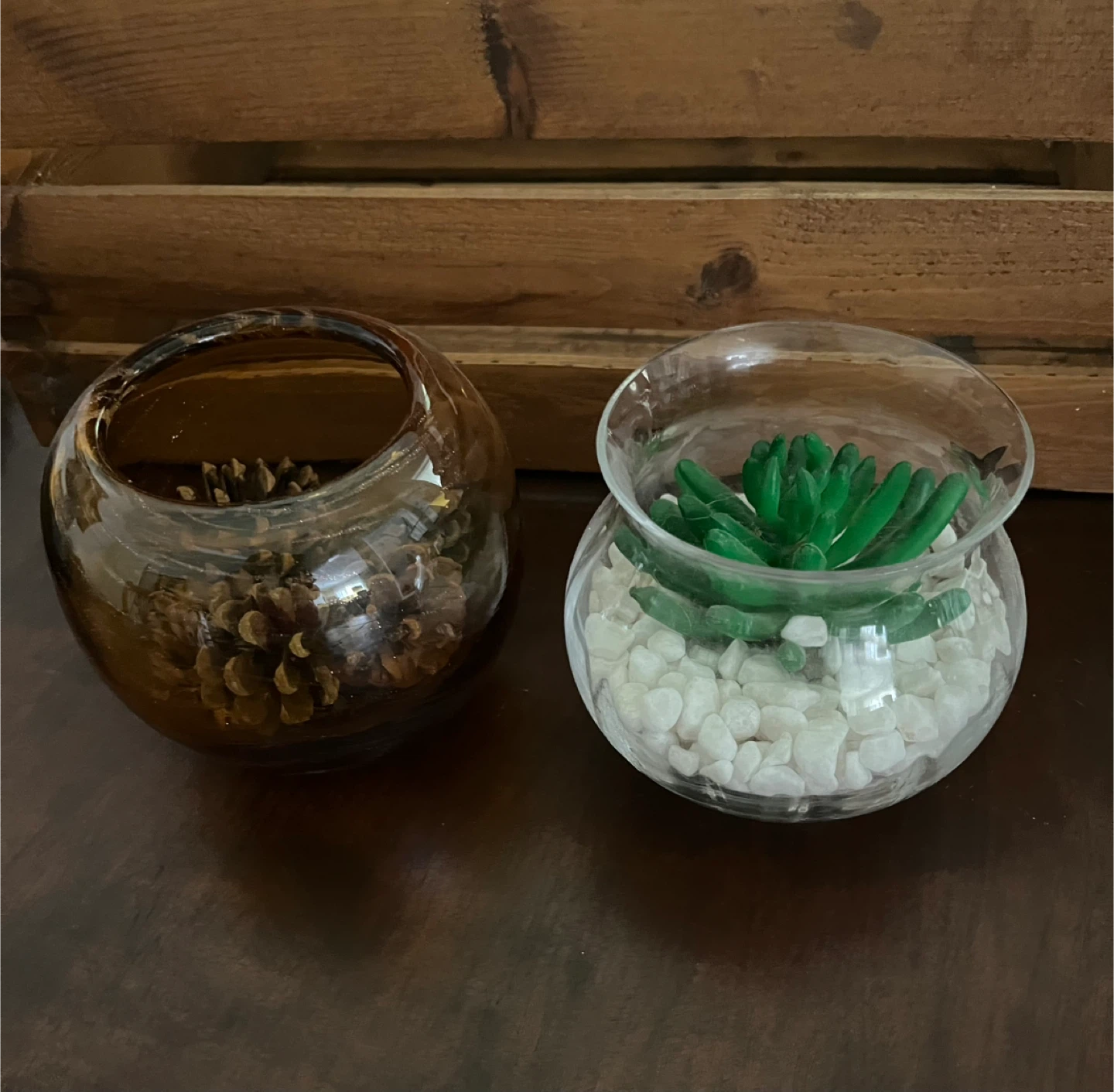Decorative Glass Planters with Faux Succulent and Pinecones