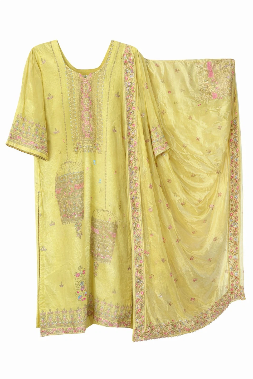 Yellow silk Embroidered 3 piece suit