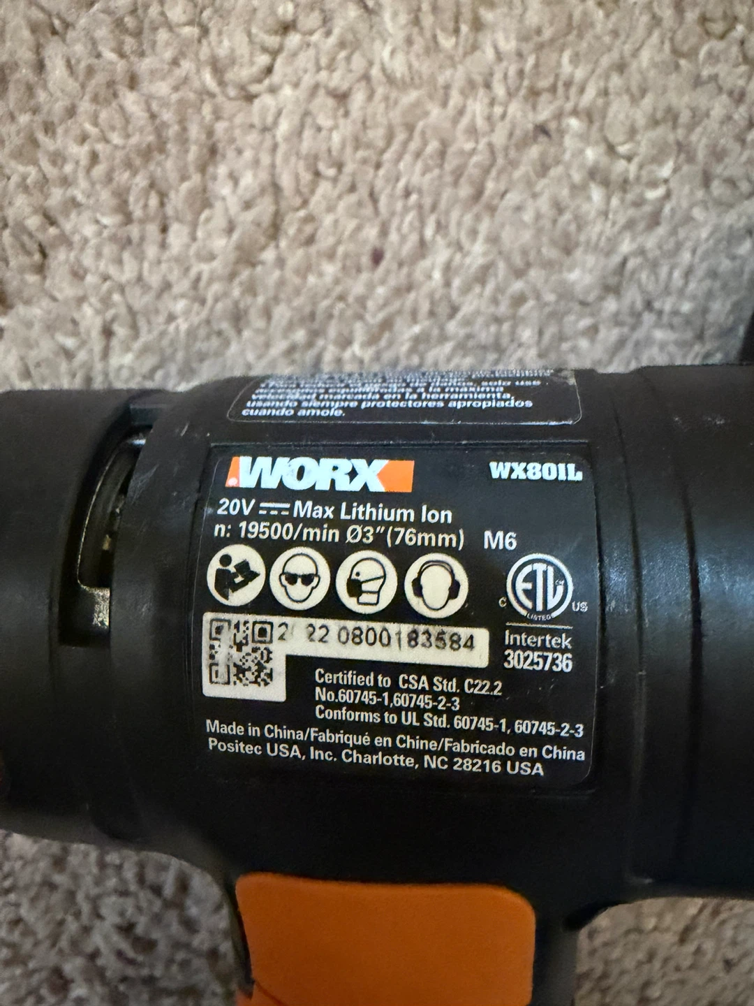 WORX WX801L 20V Max Lithium Ion Angle Grinder - photo 3