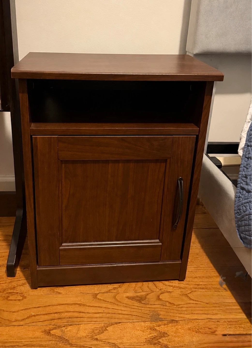 Dark Wood Nightstand with Cabinet and Shelf