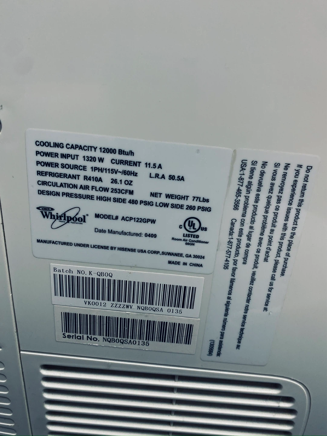 Whirlpool 12,000 BTU Portable Air Conditioner - photo 4