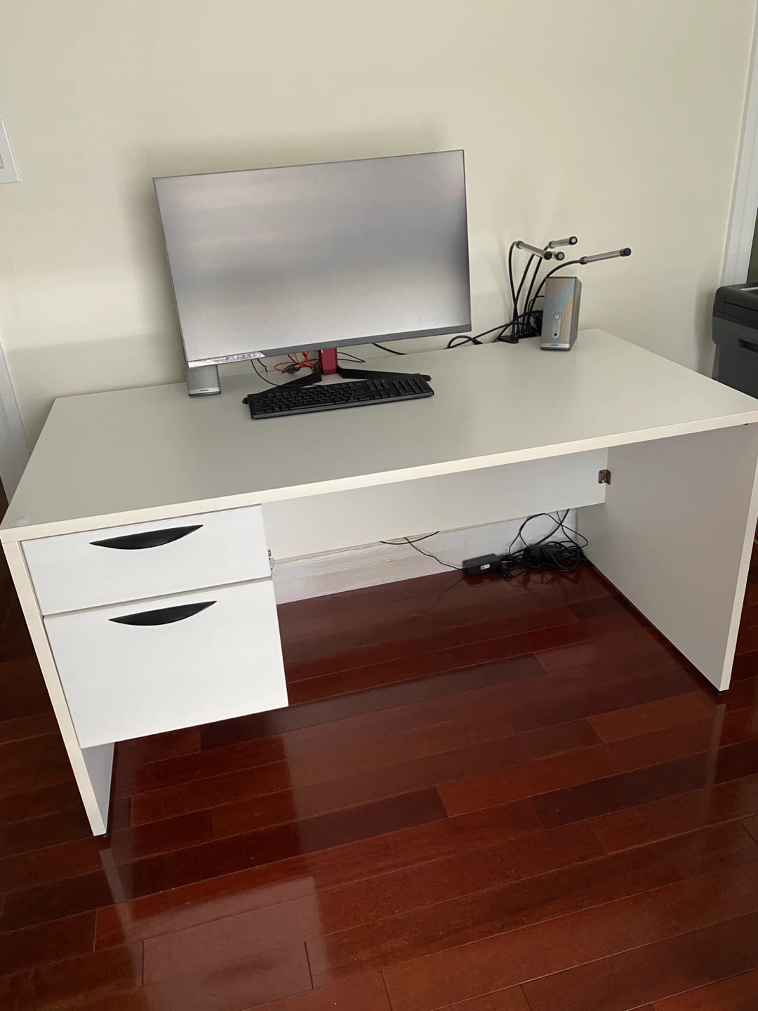 White Desk with Two Drawers with white book shelf