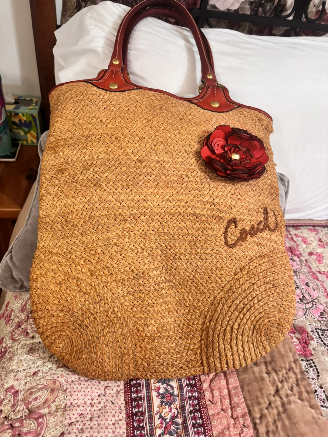 Coach Straw Tote Bag with Flower Accent