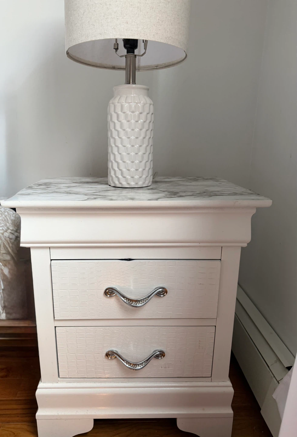 White Two-Drawer Nightstand with Faux Crocodile Texture