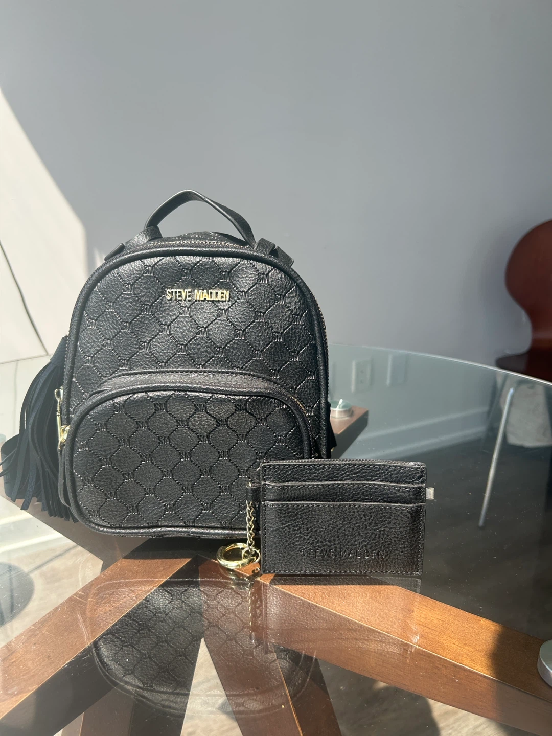 Steve Madden Black Quilted Mini Backpack with Cardholder