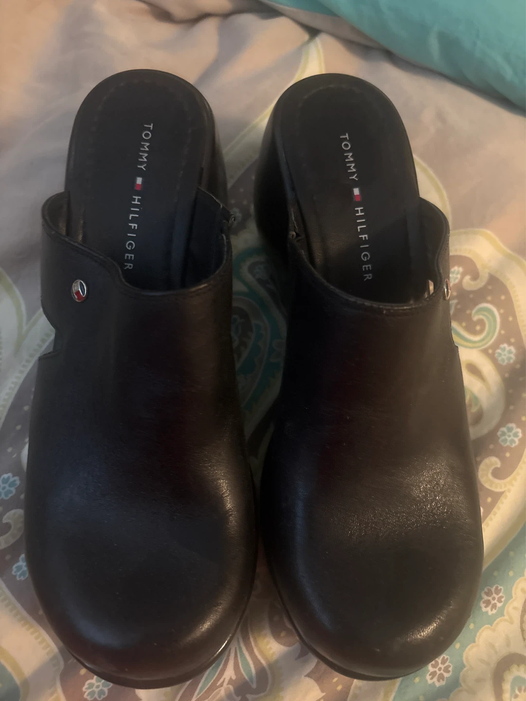 Tommy Hilfiger Black Leather Clog Shoes - Size 9