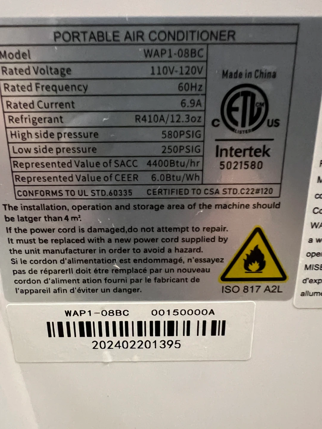 Portable Air Conditioner WAP1-08BC - photo 5