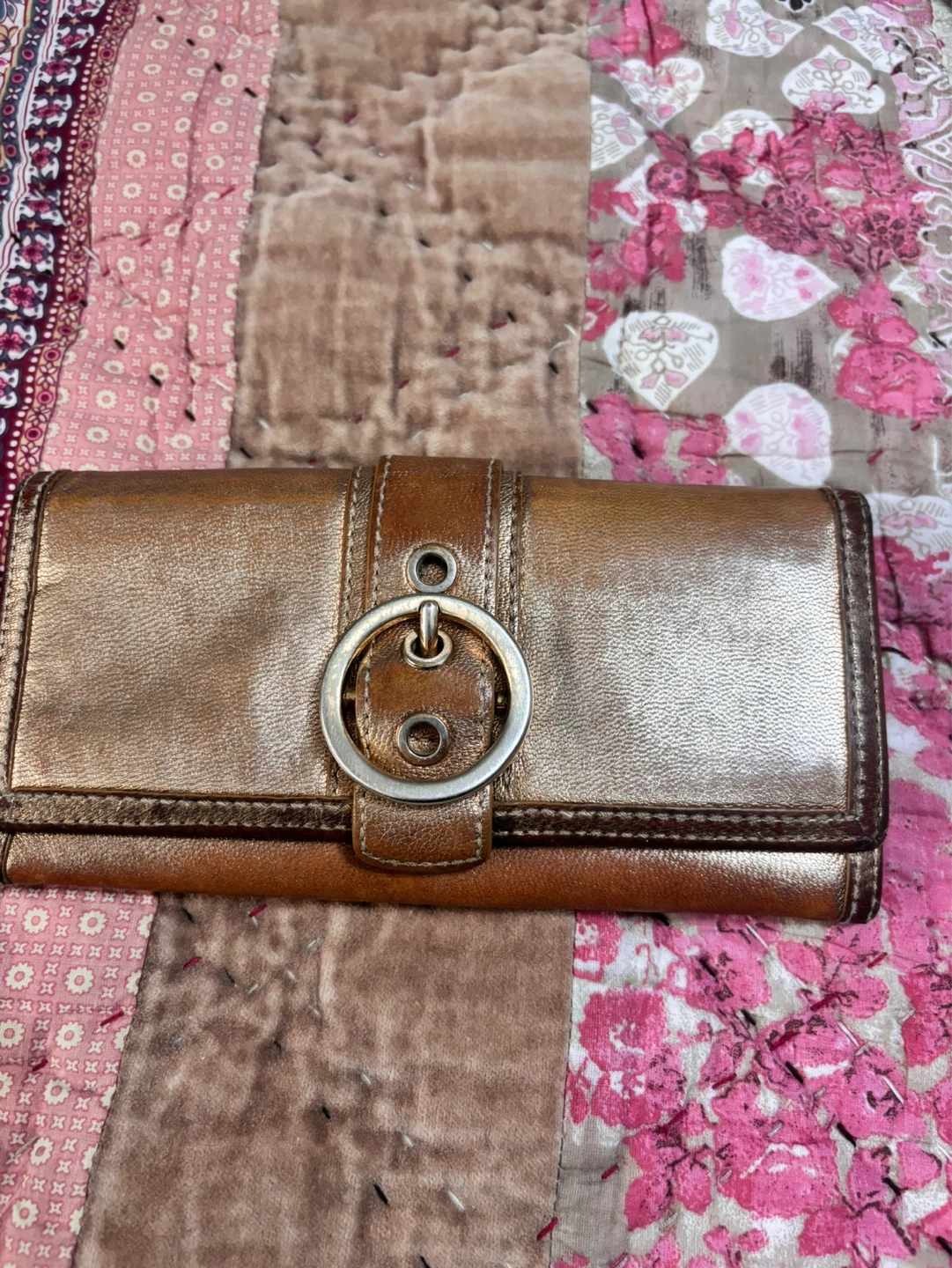 Coach Brown Metallic Leather Wallet with Buckle Closure