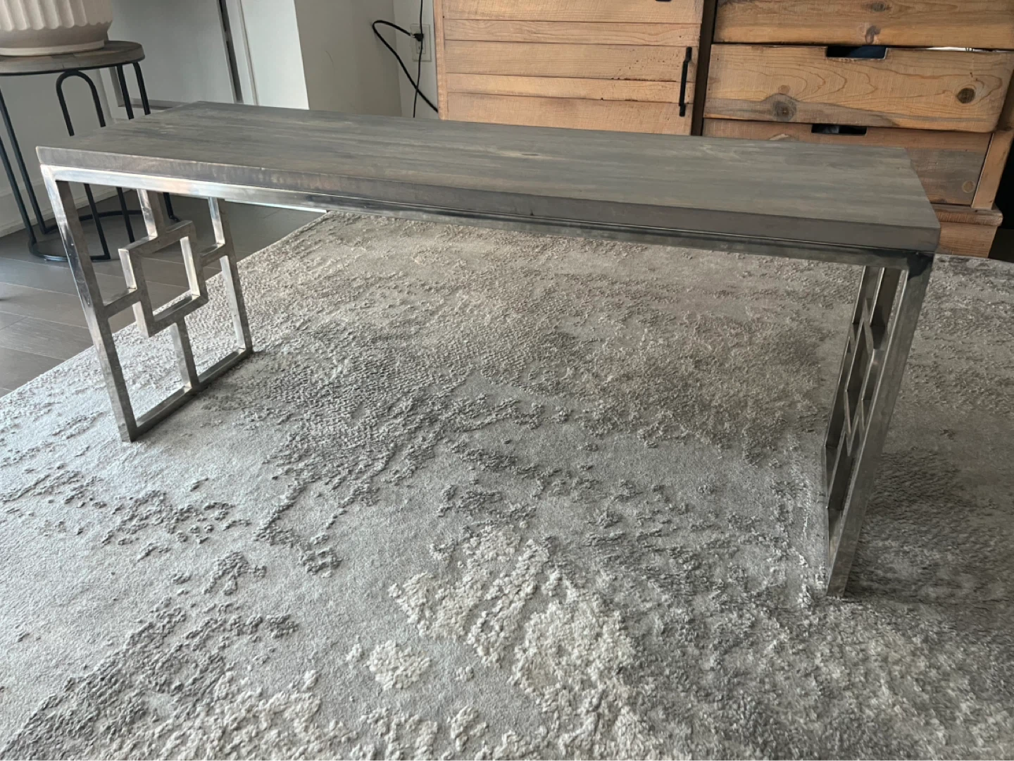 Modern Wood & Silver Metal Table – 43” Wide