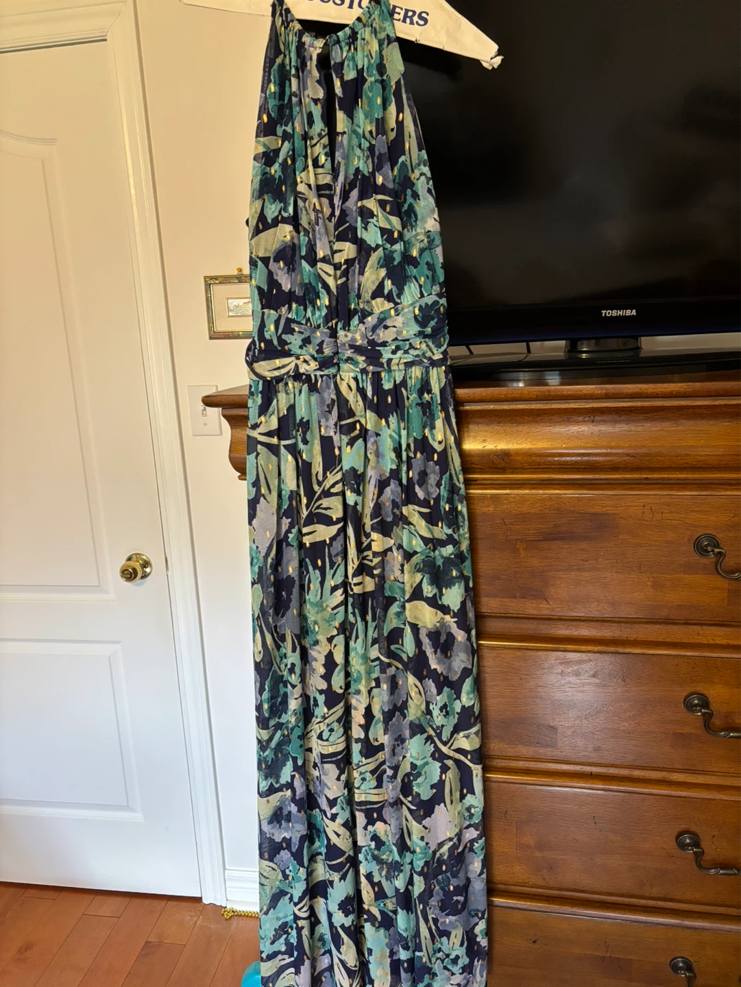 Maxi Dress with Floral Print and Gold Flecks