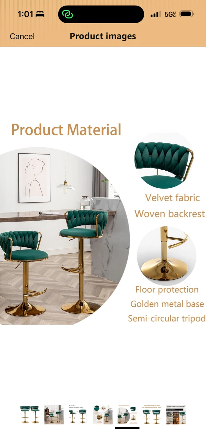 Set of 2 Green Velvet Bar stools already assembled never used - photo 2