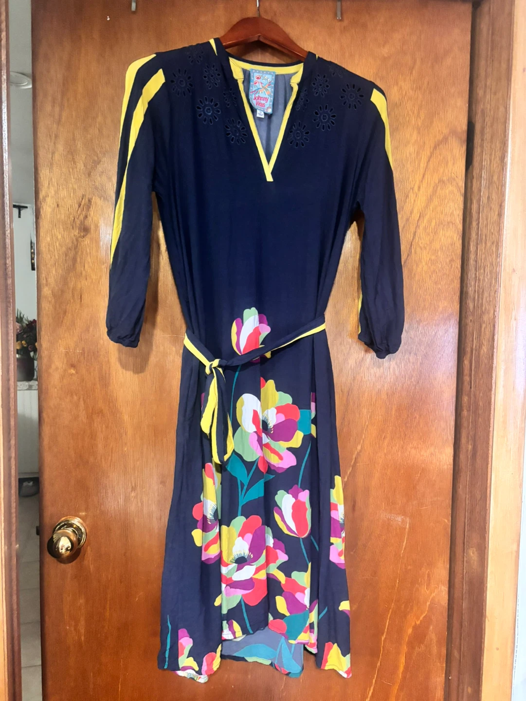 Johnny Was Navy Floral Dress with Yellow Trim