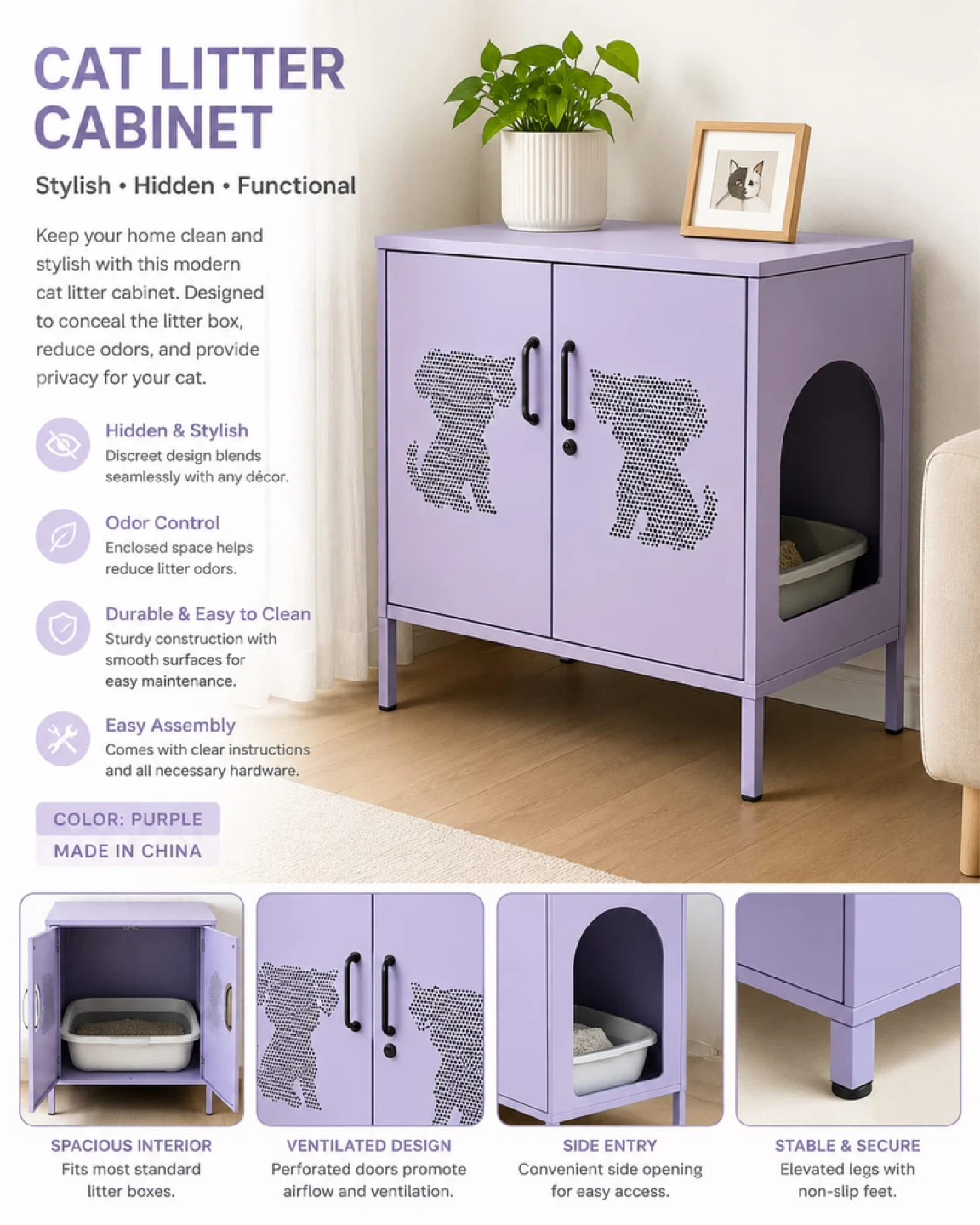 Modern Hidden Cat Litter Cabinet - Purple