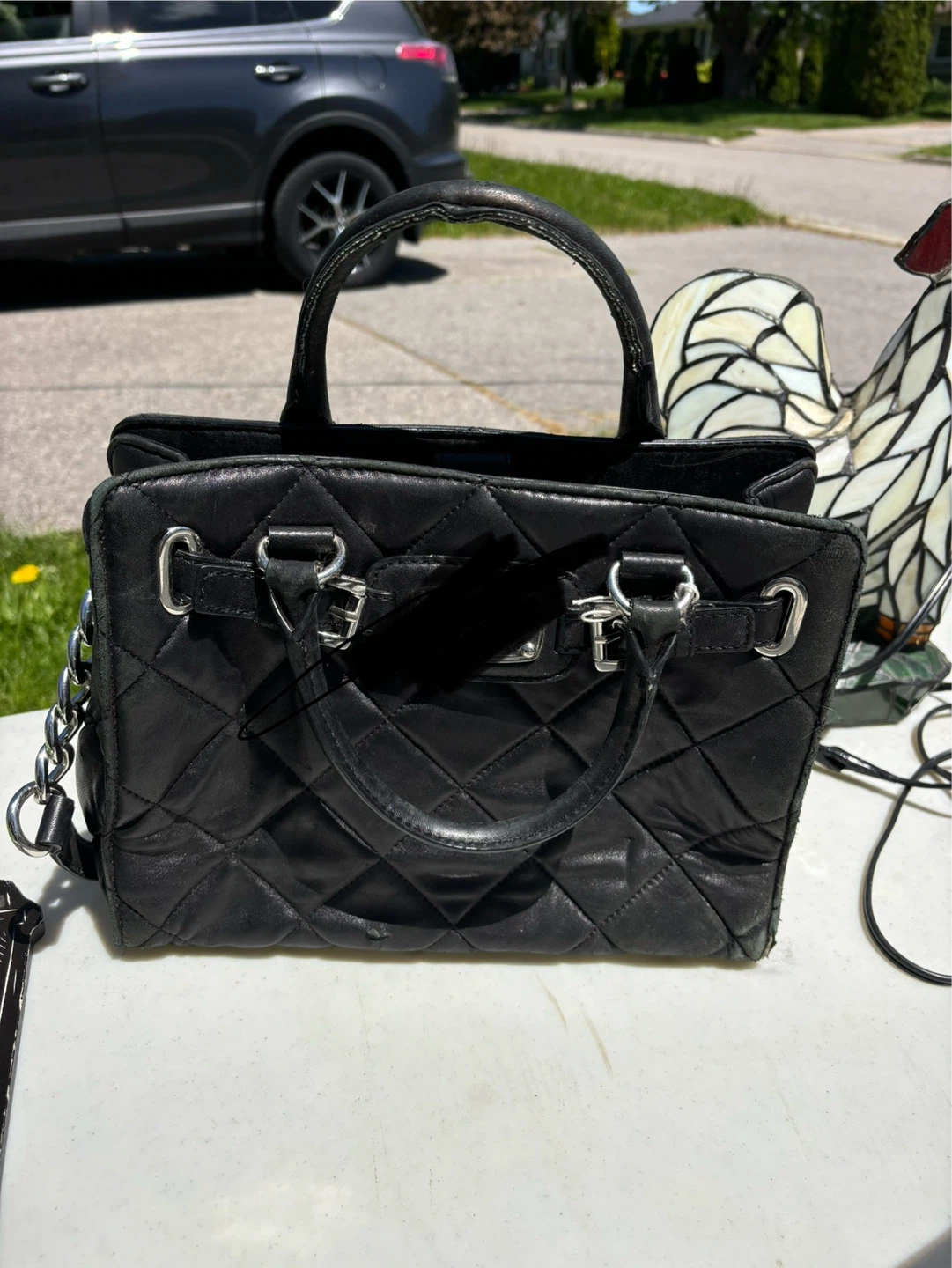 Black Quilted Leather  Satchel Handbag