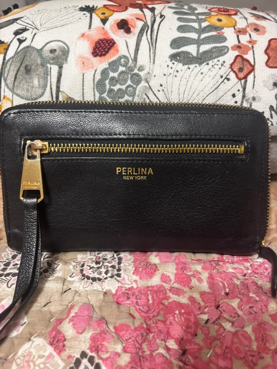 Perlina New York Black Leather Zip Around Wallet