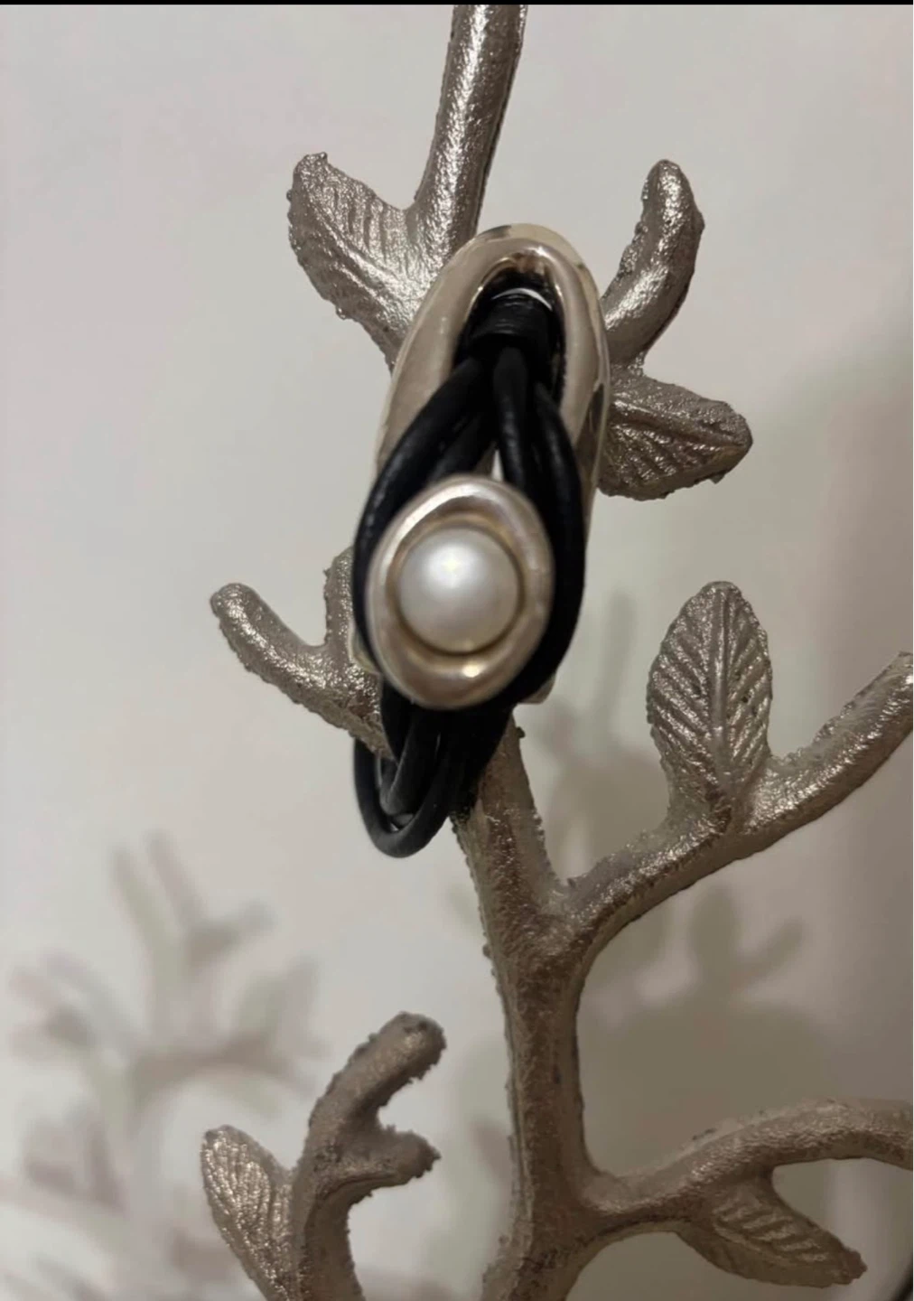Israel Silver and Black Leather Pearl Bracelet
