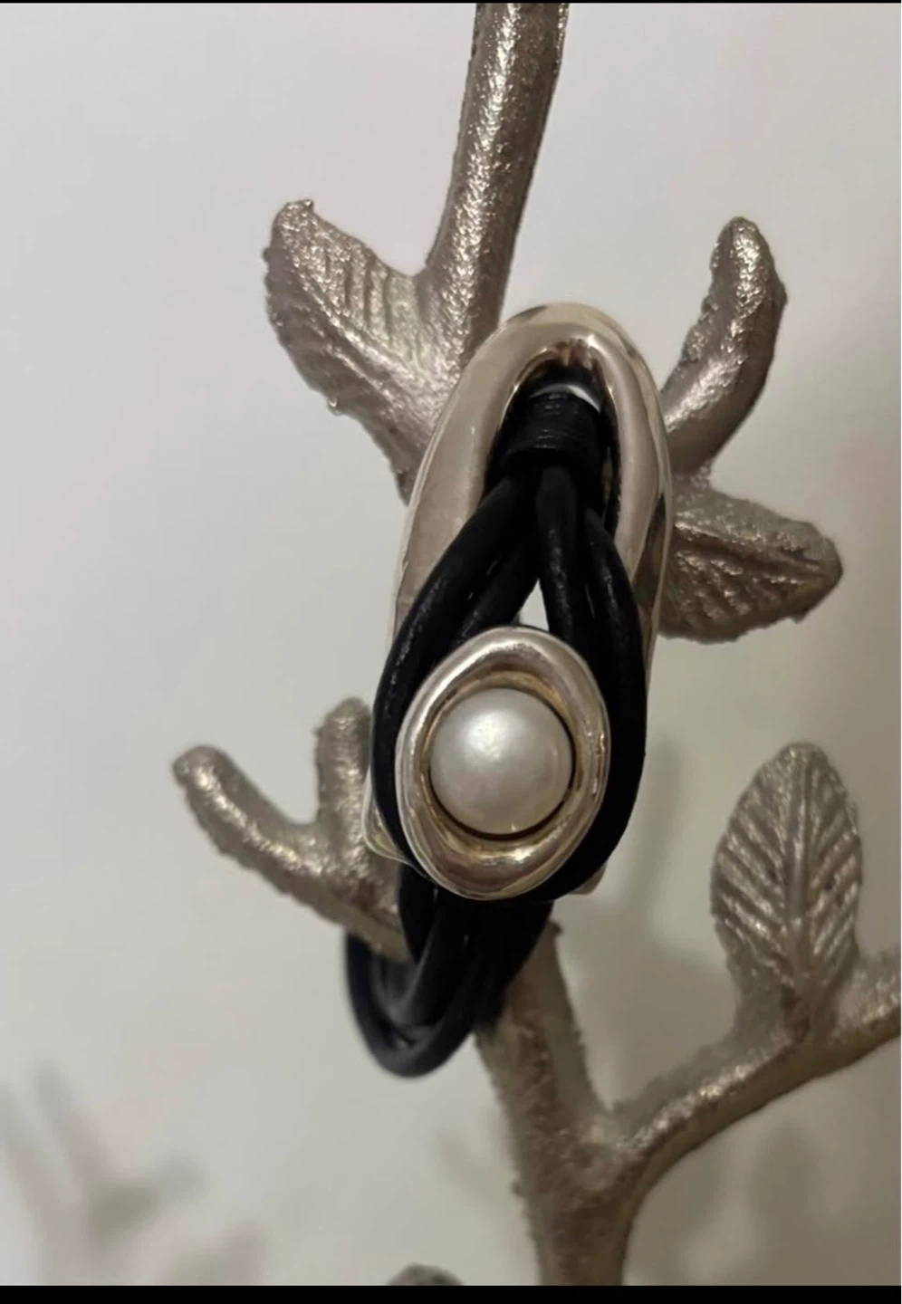Israel Silver and Black Leather Pearl Bracelet - photo 2