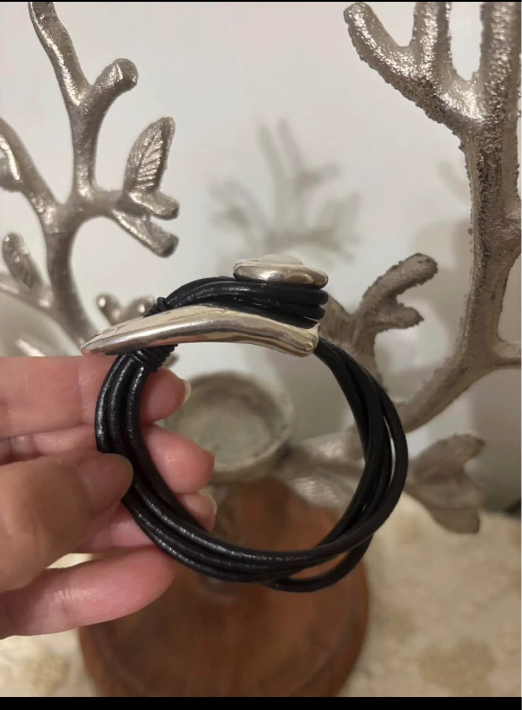 Israel Silver and Black Leather Pearl Bracelet - photo 3