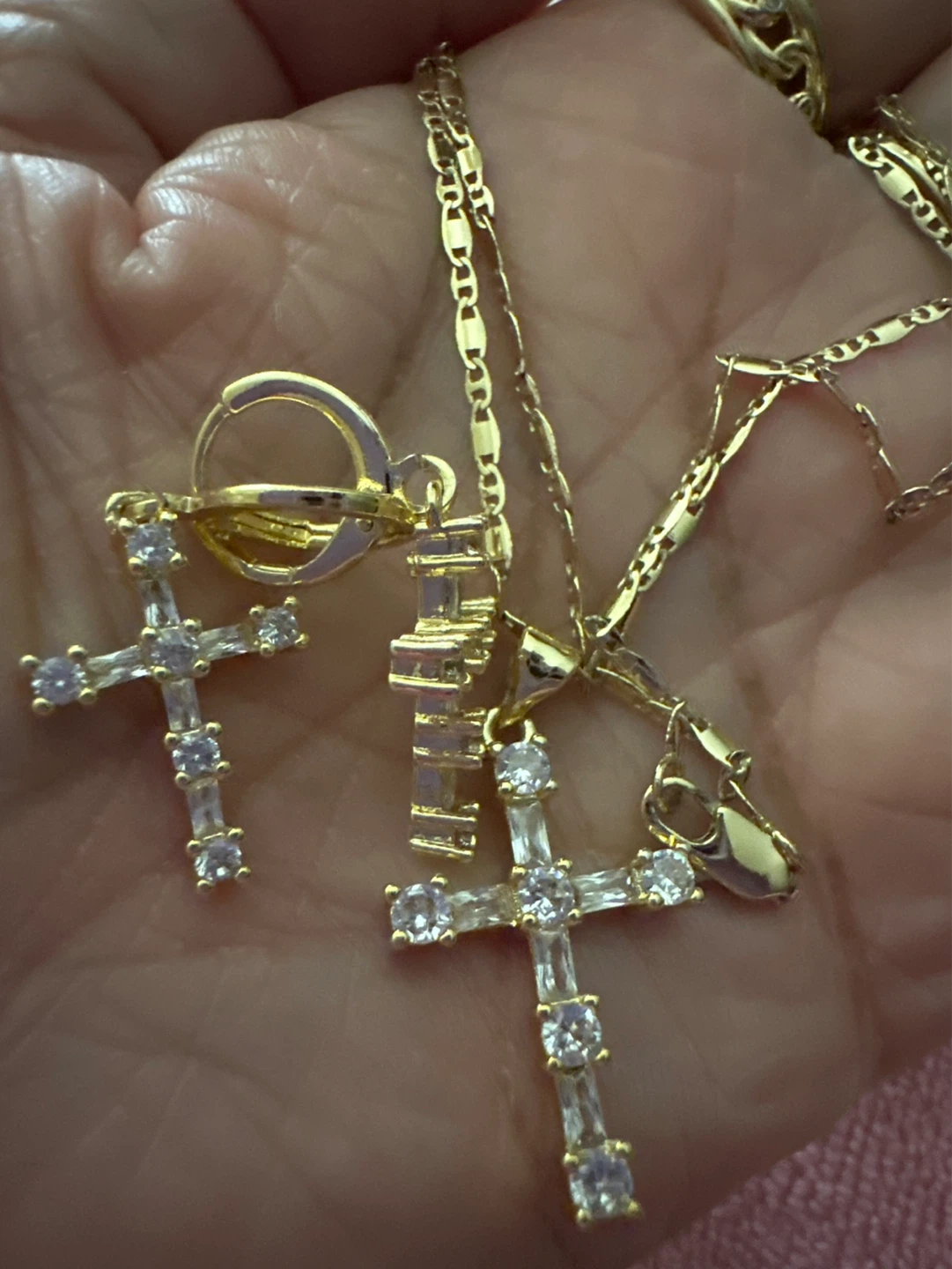 Gold Cross Necklace and Earring Set with Rhinestones - photo 2